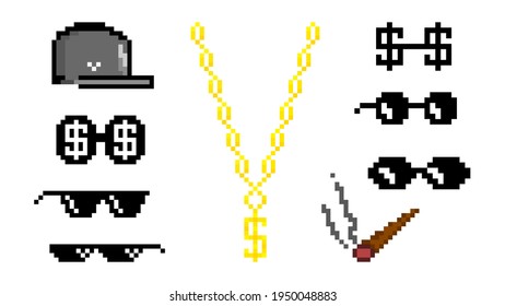 Rapper accessories pixel icon set. Stylish cap with glasses dollars and smoking cigarette stylish gold chain symbol black vector art.