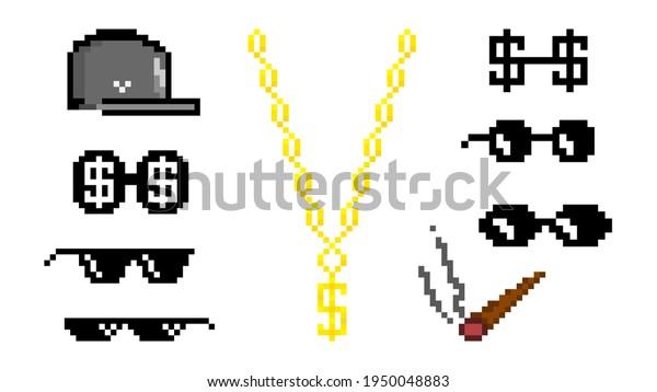 Rapper accessories pixel icon set. Stylish cap with\
glasses dollars and smoking cigarette stylish gold chain symbol\
black vector art.