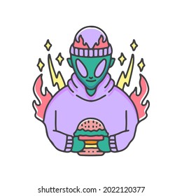 Rapper alien holding burger illustration. Vector graphics for t-shirt prints and other uses.