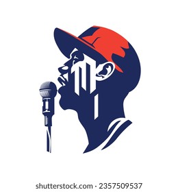 Rapper in baseball hat with microphone modern vector illustration. 