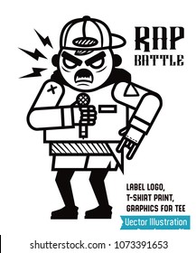 Rapper with cap on white background. Cool swag illustration for printing on t-shirt, vector graphics for tee and clothes. Vector black and white print for silkscreen printing, serigraphy image. 
