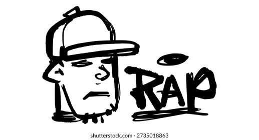 Grafite de personagem rapper com texto "RAP". Homem de hip hop de estilo de arte de rua urbana desenhado à mão para marca de música, cartazes de eventos e designs de streetwear da moda.