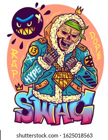 Rapper in fur coat with gold chain on neck. Skeleton with crown on head. Gangster in an alpaca coat. Swag guy in sheepskin coat. Images for printing on clothes. Print for merch. Vector Tshirt design