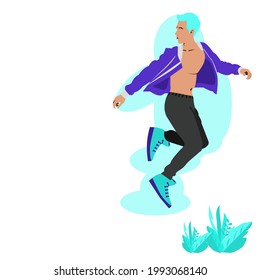 Rapper guy is dancing by jump. Cartoon young man has light blue hair, wearing colorful dress and sneakers is jumping upper leaves on white background Vector isolate flat design concept for freedom.