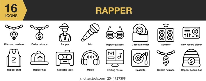 Rapper icon set. Includes rapper, mic, necklace, music, hat, shirt, cassette, and More. Outline icons vector collection.