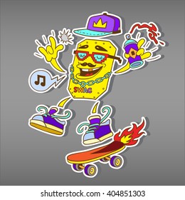 Rapper modern street style attributes. Swag vector doodle art. Yellow cartoon character face with skateboard. Hip-Hop print for t-shirt. Comic hipster guy for poster. Sticker in paper cut style.
