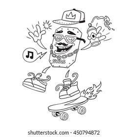 Rapper modern street style attributes. Swag vector doodle art. Cartoon character face with skateboard. Hip-Hop print for t-shirt. Comic hipster guy for poster. Hand drawn coloring book isolated. svg