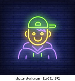 Rapper neon sign. Luminous signboard with teenager. Night bright advertisement. Vector illustration in neon style for urban culture, party, singer