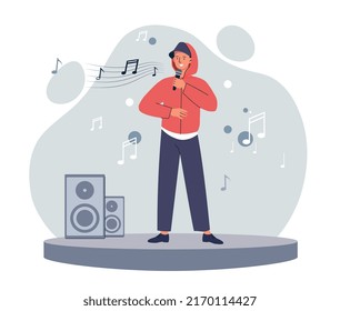 Rapper on stage. Young guy with microphone reads text to music. Modern style, hip hop. Famous musician, popular personality. Man rapping, vocalist at concert. Cartoon flat vector illustration