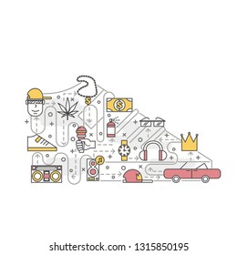 Rapper shoe sneakers shape vector poster banner template. Rap music singer with accessories chain glasses watch cap retro car loudspeakers microphone tape recorder. Thin line art flat icons for web.
