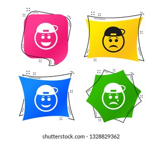 Rapper smile face icons. Happy, sad, cry signs. Happy smiley chat symbol. Sadness depression and crying signs. Geometric colorful tags. Banners with flat icons. Trendy design. Vector