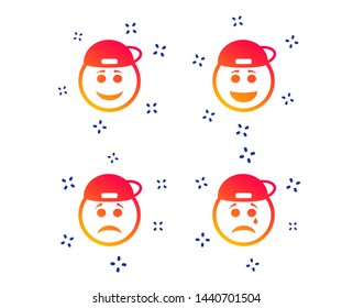 Rapper smile face icons. Happy, sad, cry signs. Happy smiley chat symbol. Sadness depression and crying signs. Random dynamic shapes. Gradient smile icon. Vector