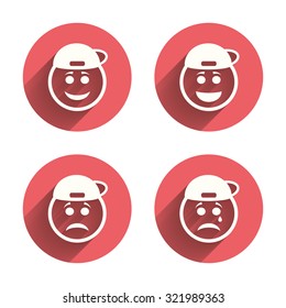 Rapper smile face icons. Happy, sad, cry signs. Happy smiley chat symbol. Sadness depression and crying signs. Pink circles flat buttons with shadow. Vector