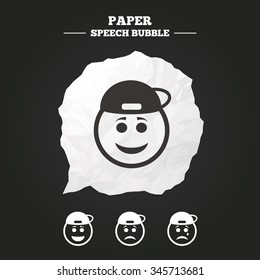 Rapper smile face icons. Happy, sad, cry signs. Happy smiley chat symbol. Sadness depression and crying signs. Paper speech bubble with icon.