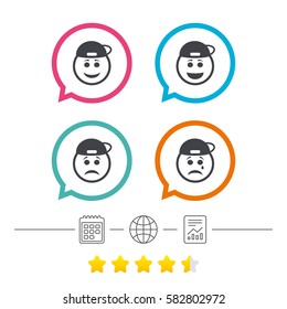 Rapper smile face icons. Happy, sad, cry signs. Happy smiley chat symbol. Sadness depression and crying signs. Calendar, internet globe and report linear icons. Star vote ranking. Vector