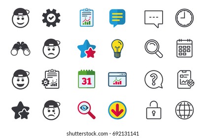 Rapper smile face icons. Happy, sad, cry signs. Happy smiley chat symbol. Sadness depression and crying signs. Chat, Report and Calendar signs. Stars, Statistics and Download icons. Vector