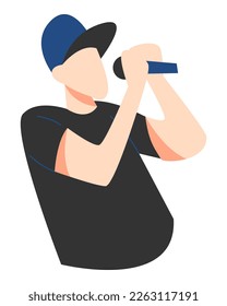 rapero con sombrero, cantando en el micrófono. concepto de concierto, música, industria del entretenimiento hip-hop. vector plano.