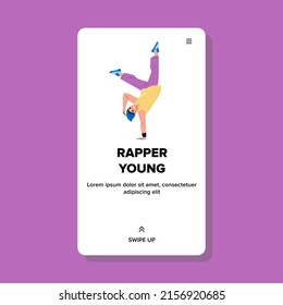 Rapper Young Boy Dancing Hip Hop Dance Vector. Rapper Young Guy Singing Rap And Performing Energy Choreography. Character Dancer Exercising And Training Web Flat Cartoon Illustration