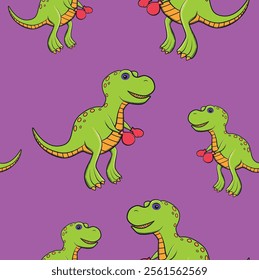 rapport of green t-rex with boxing gloves and cartoon black eye, purple background