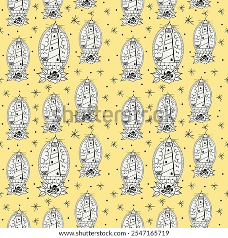rapport tattoo lighthouse with black lines white background, lighthouse with roses, whale tail