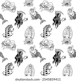 tatuaje de la vieja escuela, parca, sirena, serpiente, faro, bebé, rosa, con líneas negras