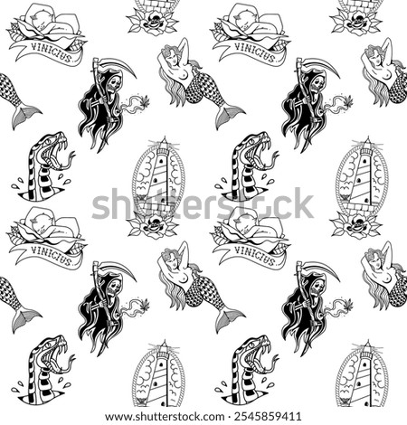 rapport tattoo old school, grim reaper, mermaid, snake, lighthouse, baby, pink, with black lines