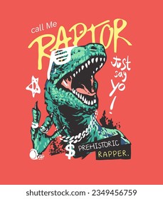 eslogan de caligrafía de raptor con dibujos animados de dinosaurio de rapero con iluminación vectorial 