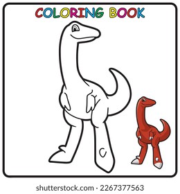Raptor dino coloring page for a children's book with colorful examples. Image in vector format. great coloring activity for children and toddlers