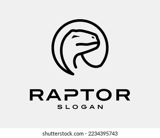 Raptor Dinosaurio Jurásico Reptile Velociraptor Head Line Art Circle Shape Mascot Vector Logo Design