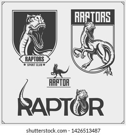 Raptor dinosaur mascot. Raptor emblems and logos for sport-club. Print design for t-shirt.