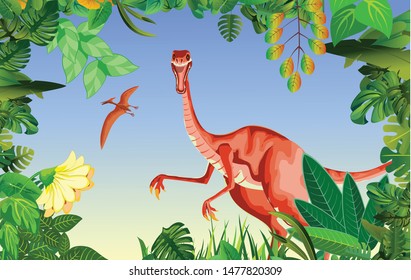 Raptor   dinosaurs on the jungle , prehistoric life scene, vector illustration