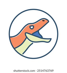 Raptor head icon. Colorful icon of a dinosaur's head.  Sharp teeth, open mouth, and round shape symbolize strength, power, and danger.