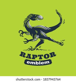 Raptor monster retro engraved label. Classic emblem for paleontology concept, jurassic logo, dinosaur badge etc.
