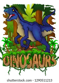 Raptor on the background of the forest. Vector logo. Dinosaur world