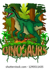 Raptor on the background of the forest. Vector logo. Dinosaur world