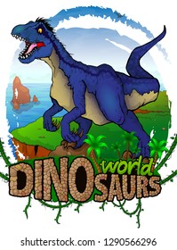 Raptor on the background of the sea. Logo. Dinosaur world