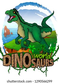 Raptor on the background of the sea. Logo. Dinosaur world