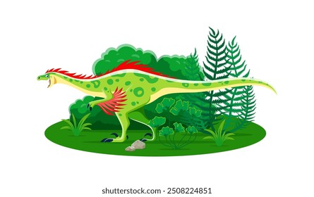 Raptor prehistoric dinosaur cartoon character. Isolated vector colorful carnivore bipedal dino with red feathers at lush landscape with ferns and foliage. Ancient reptile animal at jurassic era scene