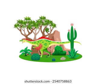 Raptor prehistoric dinosaur character. Isolated cartoon vector colorful carnivore bipedal dino with red feathers at lush landscape with tree and cacti. Ancient reptile animal at Jurassic era scene