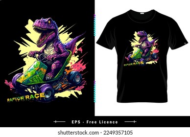 Raza Raptor Diseño de camisetas Dromaeosauridae, caricatura elegante camiseta y ropa diseño de dinosaurio moderno 