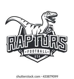 Raptor sport logo mascot design. Vintage college team coat of arms. Dino vector logotype template.  Sportswear shop t-shirt illustration concept