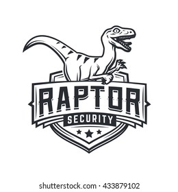 Raptor sport logo mascot design. Vintage college team coat of arms. Military Dino vector logotype template.  Airsoft squad t-shirt illustration concept