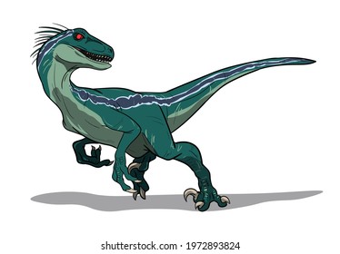 Raptor or Velociraptor vector illustration. Colored hand drawn dinosaurs line art