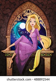 Rapunzel fairy tale character siiting in front of the window