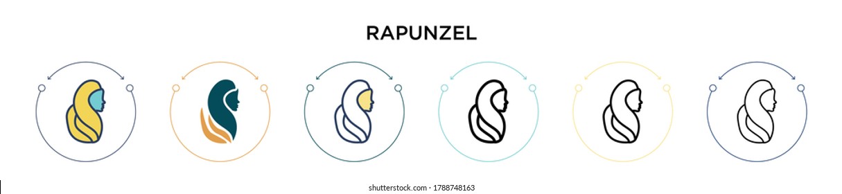 Rapunzel icon in filled, thin line, outline and stroke style. Vector illustration of two colored and black rapunzel vector icons designs can be used for mobile, ui, web