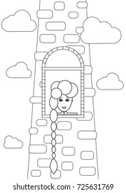 Rapunzel melancholy sad girl with long hair waiting from stone castle window. Big fairy old stone tower, the Princess Rapunzel and clouds. Coloring cartoon vector illustration for children