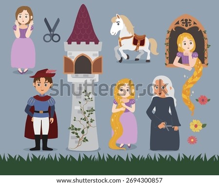 Rapunzel Princess and Prince with Tower and Witch Illustration Set
