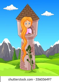 Rapunzel Sad woman with long hair waiting from castle window
