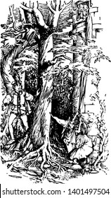 Rapunzel this scene shows a girl standing in the window and witch climbing wall to reach at girl in the window another man standing behind tree looking at him vintage line drawing or engraving