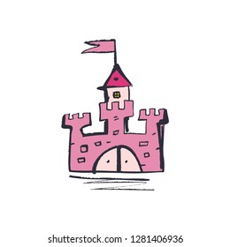 Rapunzel tower. Hand drawn sketch doodle pink princess magic castle art